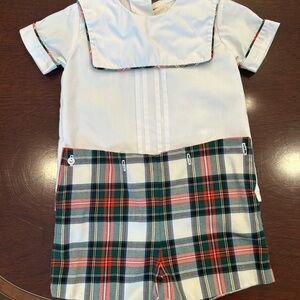 The Beaufort Bonnet Company Holiday White and Plaid Boys Button On Short Set